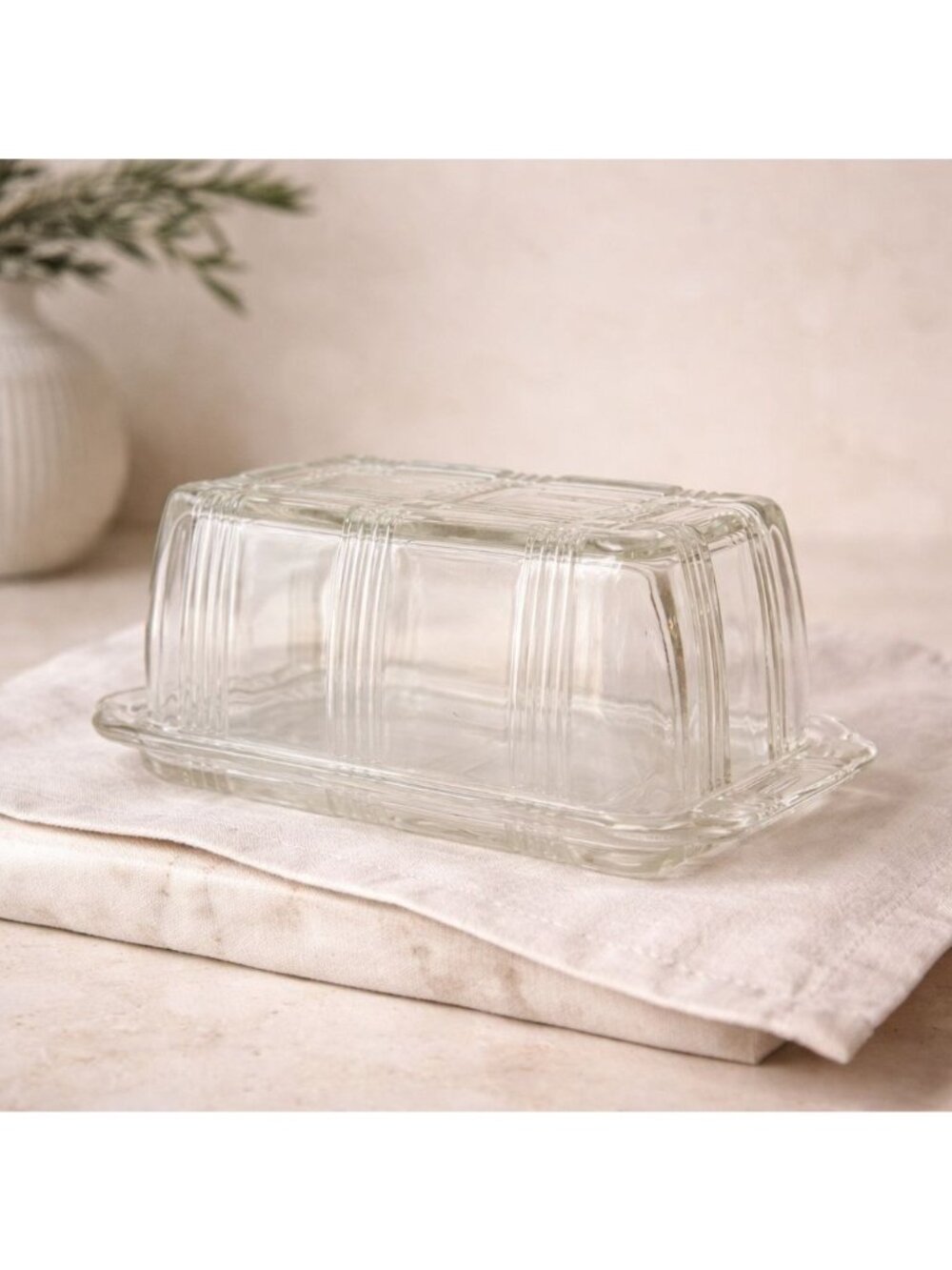 Vintage Hazel Atlas Butter Dish Criss Cross Depression Glass Covered Refrigerato